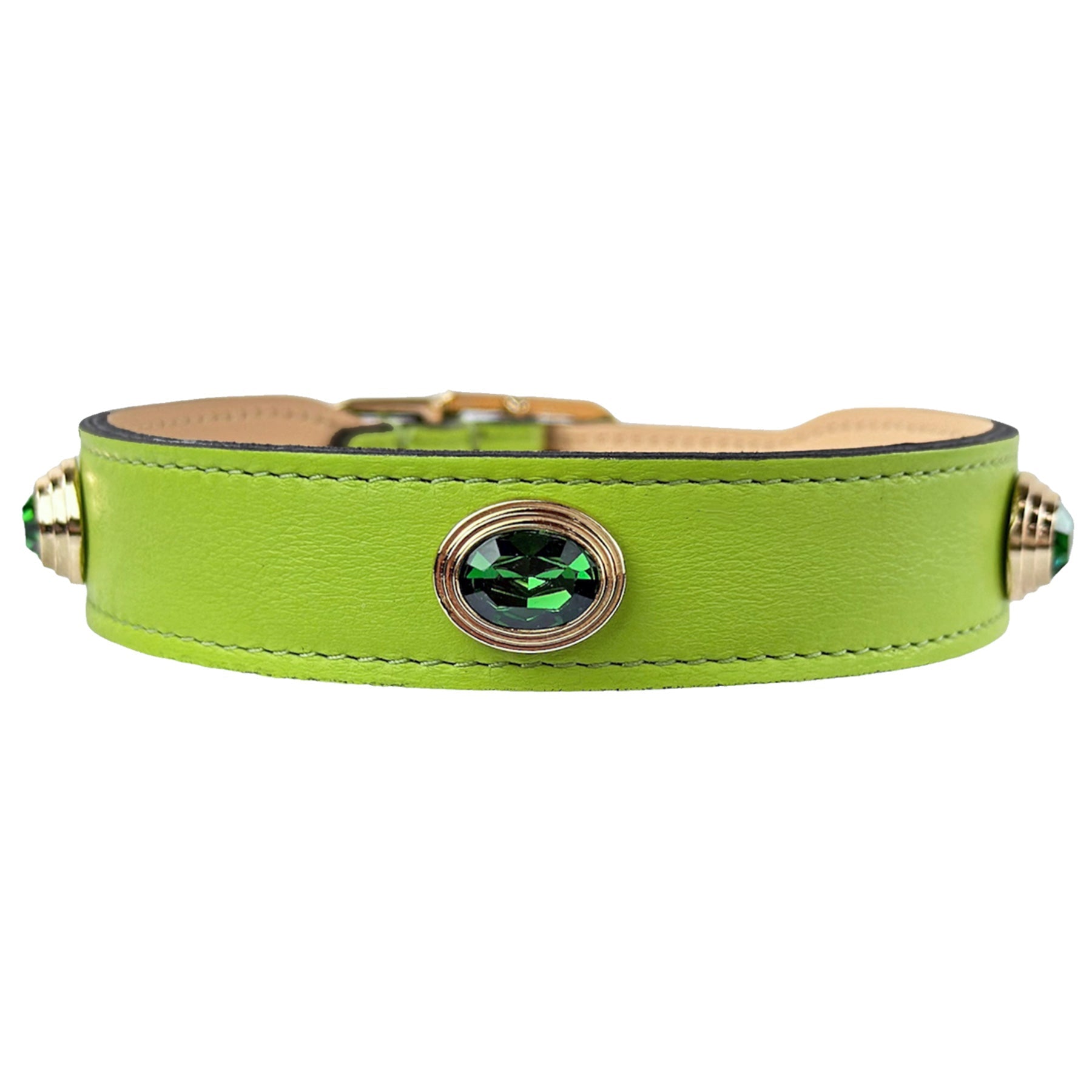 Ручної роботи нашийник із натуральної італійської шкіри Lime Green з овальними зеленими каменями турмаліну/перидоту та золотою фурнітурою