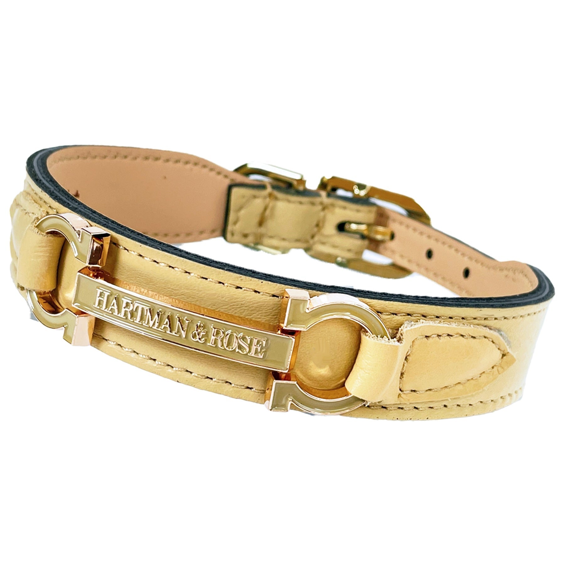 Преміальний нашийник Hartman & Rose Signature Vanilla & Gold з італійської шкіри full grain, полірованою золотою фурнітурою та емальованою іконкою.