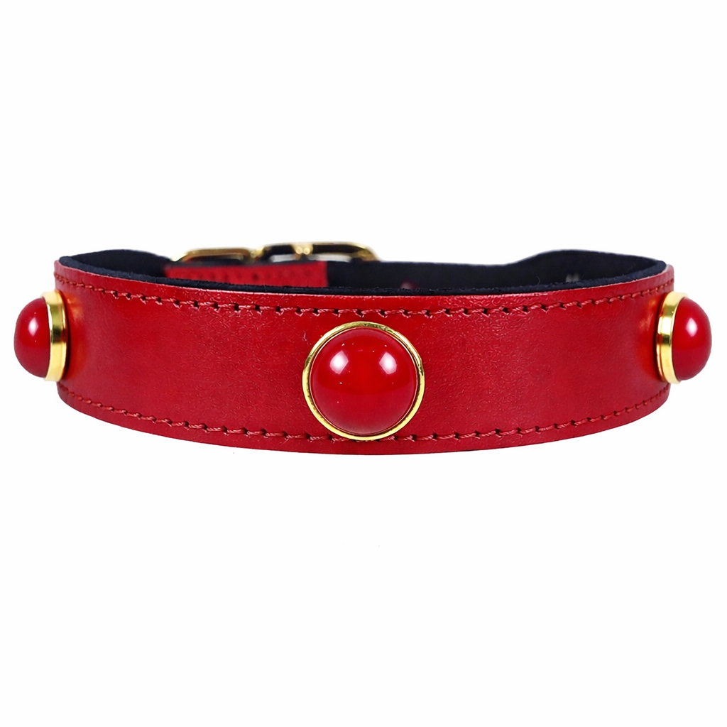 Преміальний нашийник Hartman & Rose Au Naturale у відтінку Ferrari Red із натуральним каменем у золотій оправі — італійська шкіра, золота фурнітура