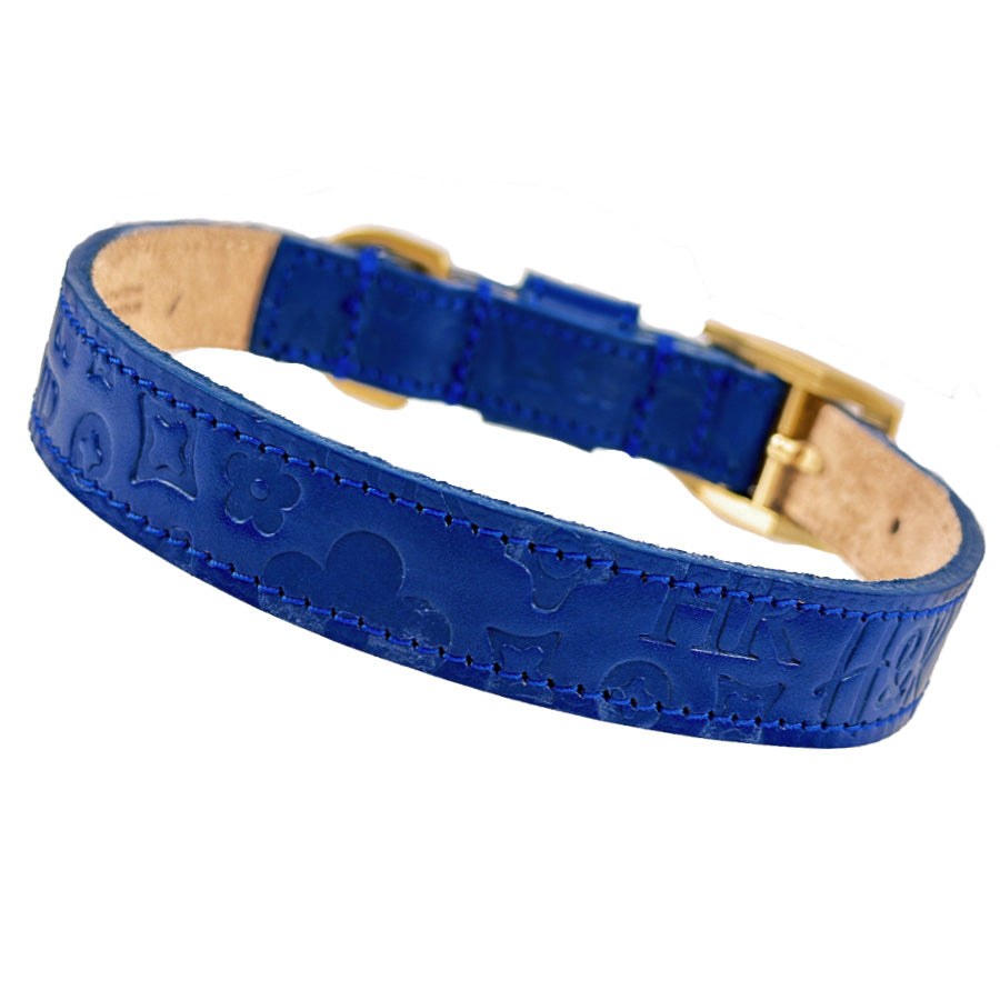 Преміальний нашийник Hartman & Rose H&R Embossed Cobalt Blue з тисненої італійської шкіри та матовою золотою фурнітурою