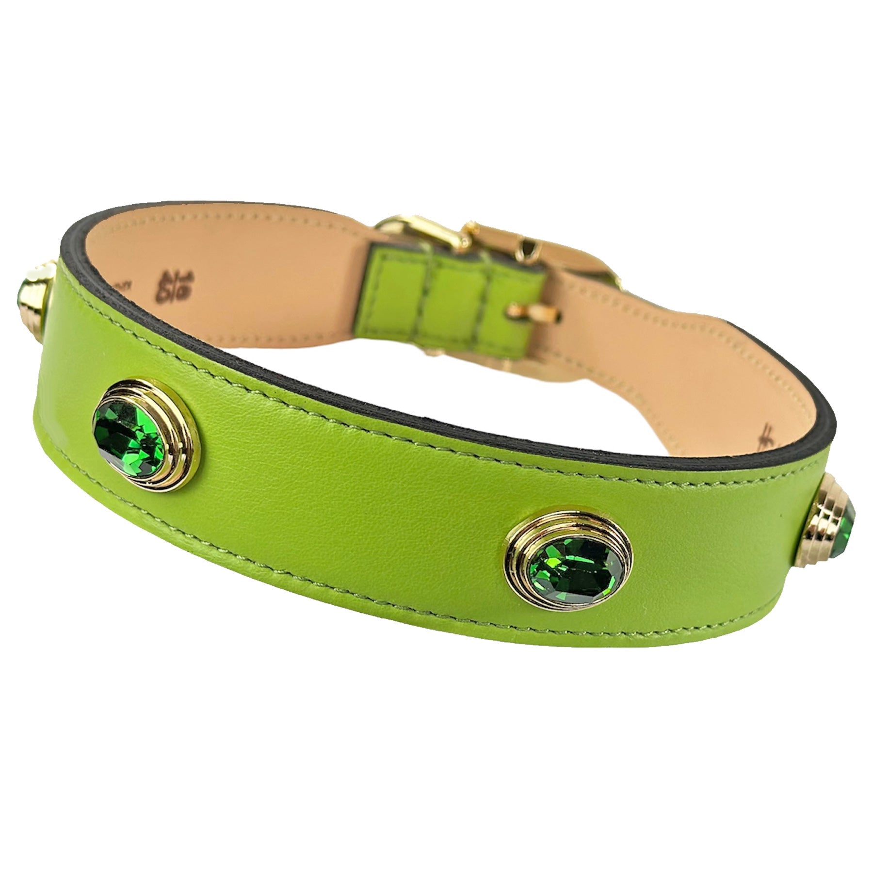 Ручної роботи нашийник із натуральної італійської шкіри Lime Green з овальними зеленими каменями турмаліну/перидоту та золотою фурнітурою