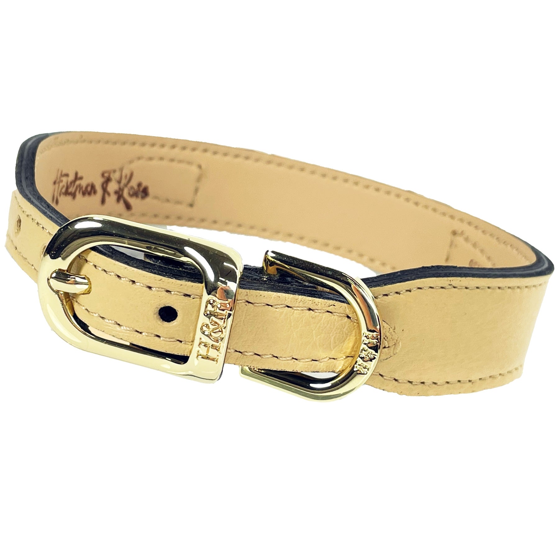 Преміальний нашийник Hartman & Rose Signature Vanilla & Gold з італійської шкіри full grain, полірованою золотою фурнітурою та емальованою іконкою.