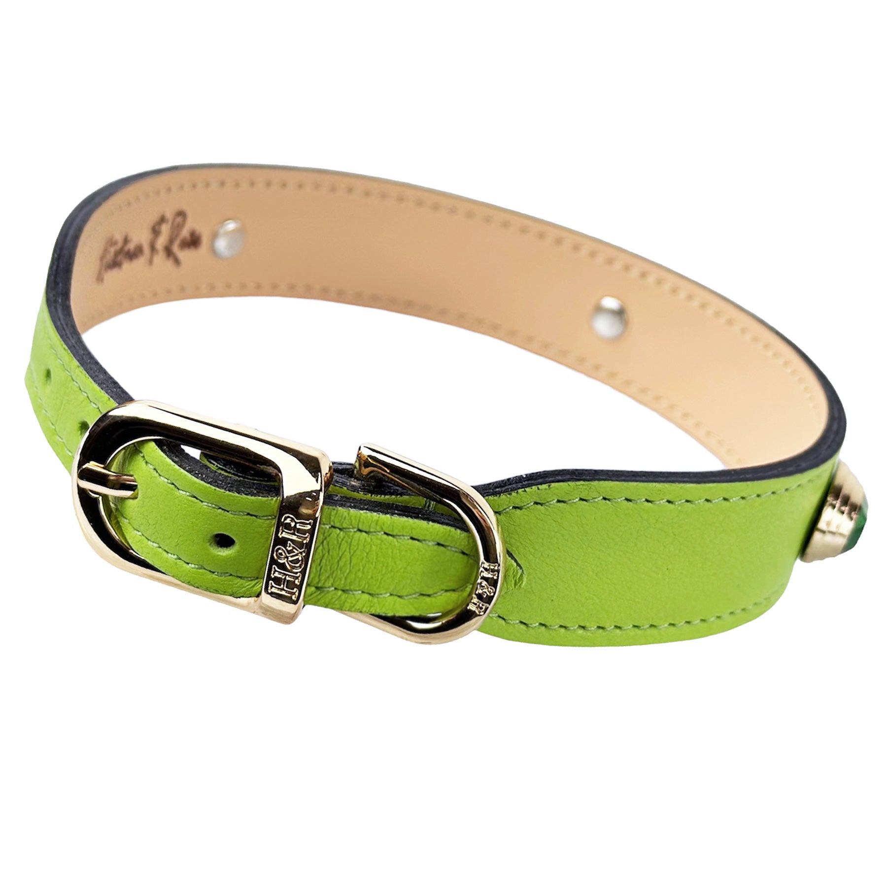 Ручної роботи нашийник із натуральної італійської шкіри Lime Green з овальними зеленими каменями турмаліну/перидоту та золотою фурнітурою