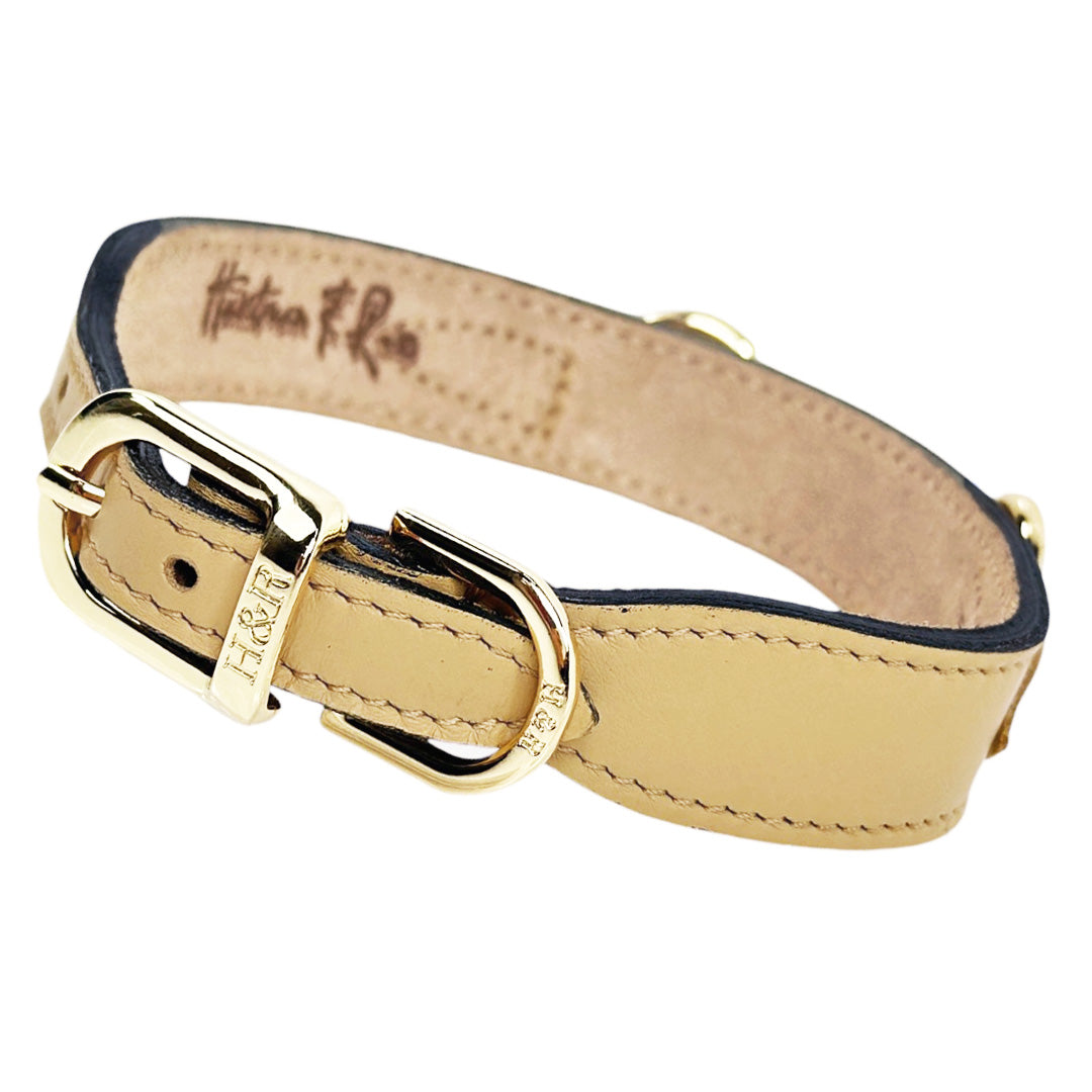 Розкішний нашийник Belmont Vanilla & Gold ручної роботи з італійської шкіри у відтінку ваніль з полірованою золотою фурнітурою та культовим декором horse bit