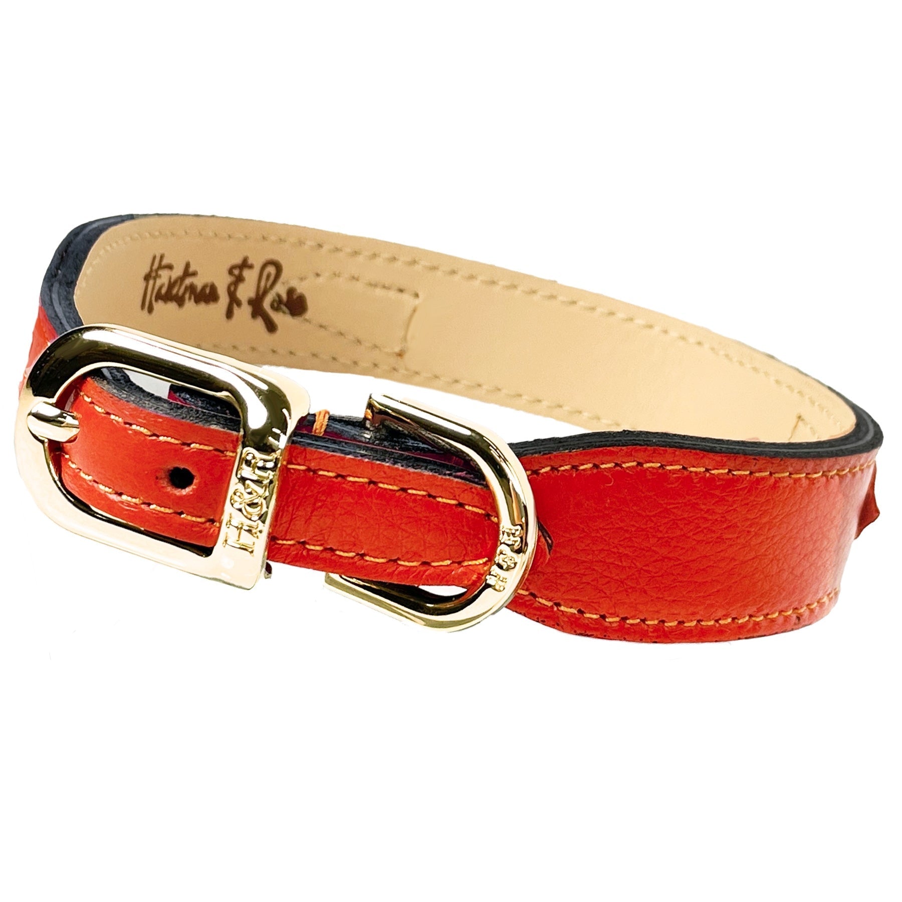 Преміальний нашийник Hartman & Rose Signature Tangerine & Gold з італійської шкіри, полірованою золотою фурнітурою та емальованим декором.