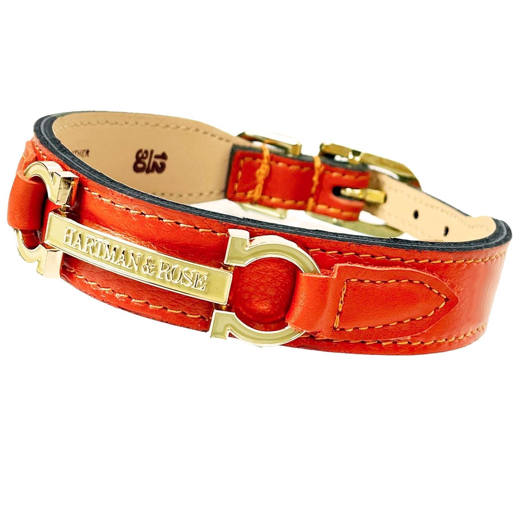 Преміальний нашийник Hartman & Rose Signature Tangerine & Gold з італійської шкіри, полірованою золотою фурнітурою та емальованим декором. Ручна робота 