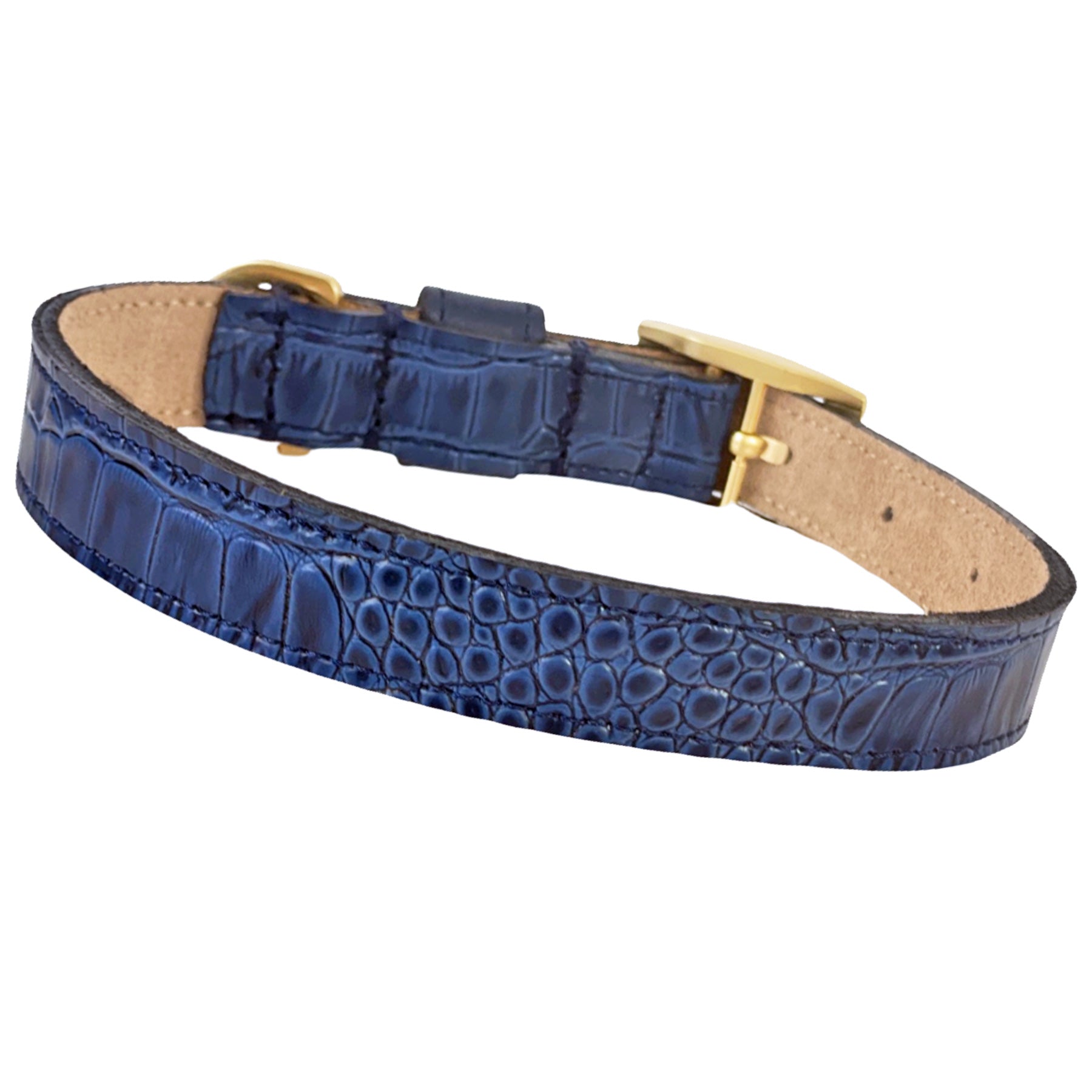 Розкішний нашийник Hartman & Rose Cayman у насиченому темно-синьому відтінку Navy Blue. Тиснена італійська шкіра з фактурою алігатора та матова золота фурнітура створюють преміальний, елегантний образ. Ручна робота, комфортна підкладка, стиль для собак з характером