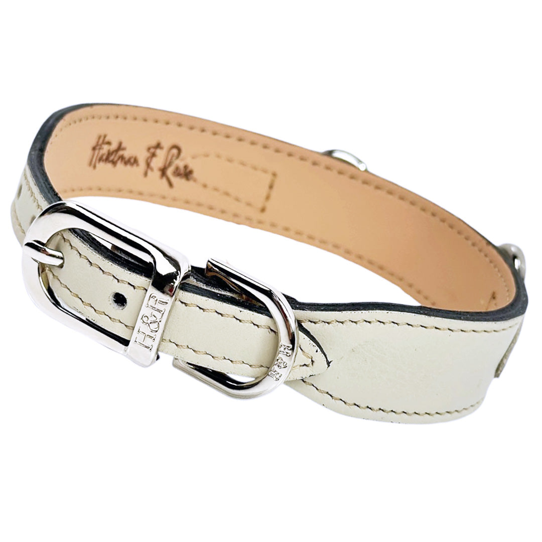 Розкішний преміум нашийник Belmont Collection Eggshell & Nickel, натуральна італійська шкіра, ручна робота, полірована нікелева фурнітура, елегантний відтінок eggshell. Стиль Horse bit