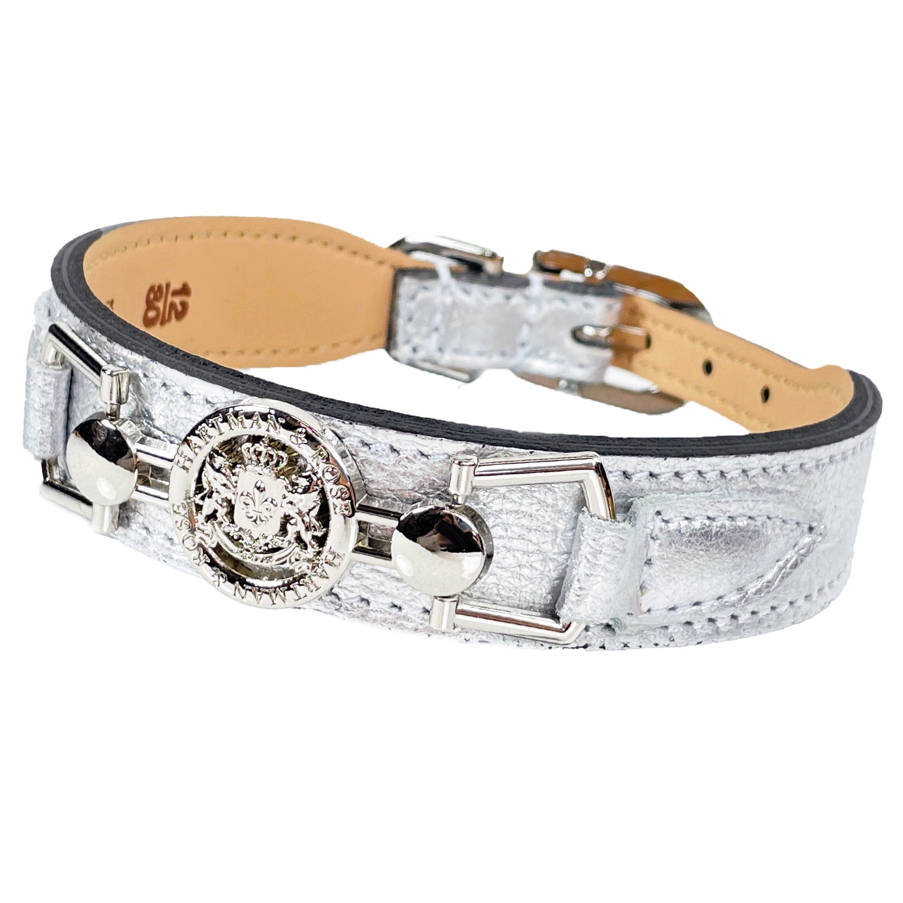 Преміальний срібний нашийник для собак Dynasty з гербом Hartman & Rose, італійською шкірою та нікелевою фурнітурою, ручна робота